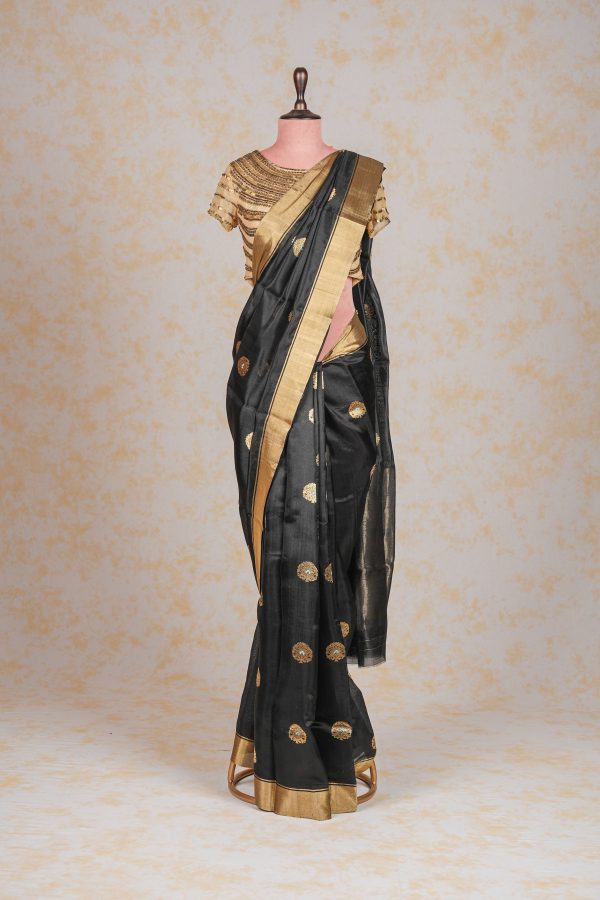 Handloom Cotton Silk Chanderi Saree Black Blue Gold Floral Buta For Discount