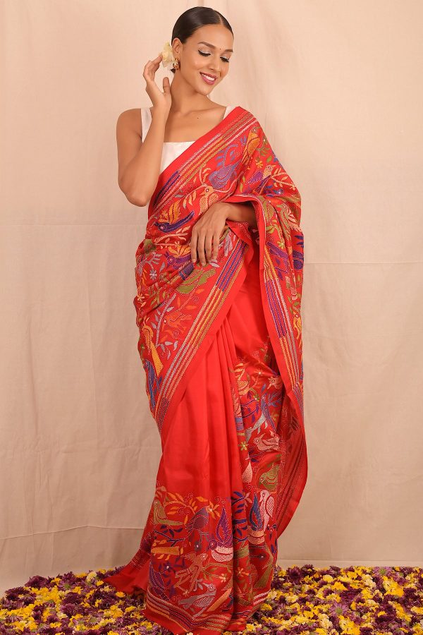 Handembroidered Kantha Silk Saree- Red Blue Animal Motif Sale