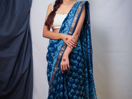 Cotton Maheshwari  Sky Blue Dabu Print Saree Hot on Sale