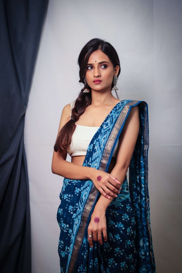 Cotton Maheshwari  Sky Blue Dabu Print Saree Hot on Sale