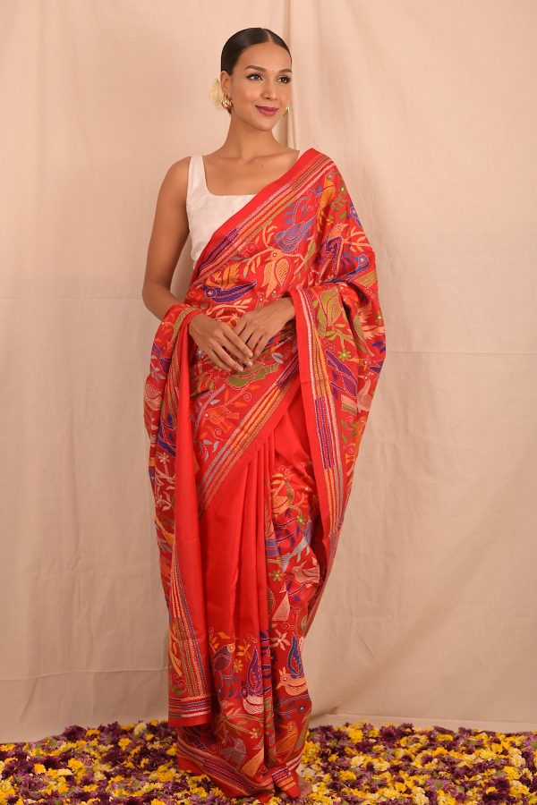 Handembroidered Kantha Silk Saree- Red Blue Animal Motif Sale