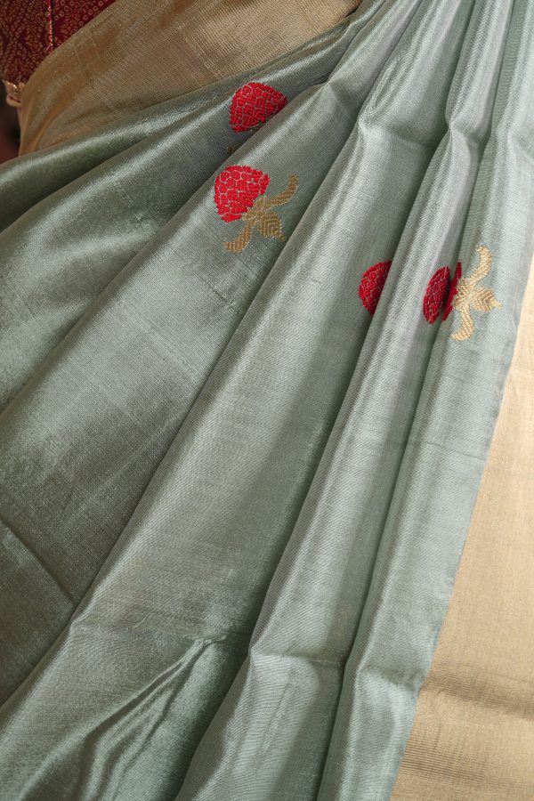 Handloom Cotton Silk Chanderi Saree Powder Blue Red Floral Buta Sale